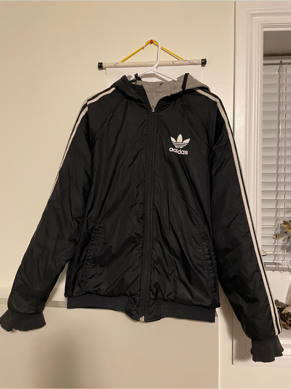 Men adidas Black Hooded Track Reversible Jacket with White Stripes Size S